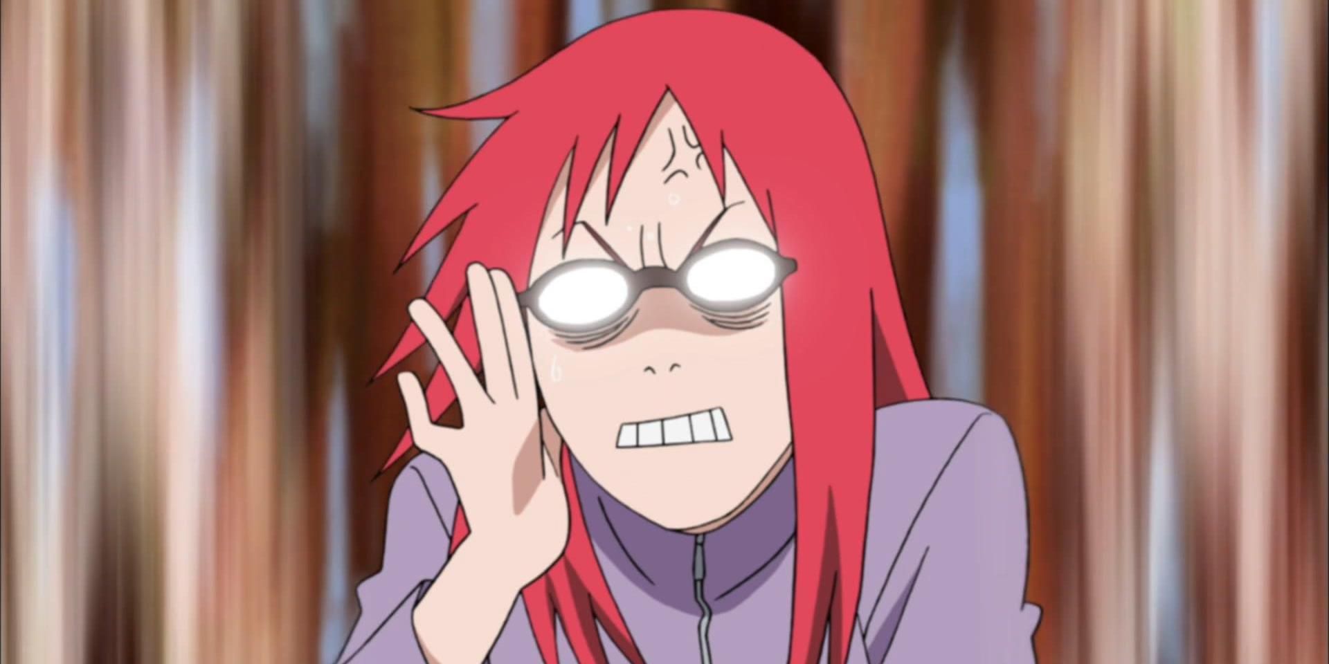 An angry Karin fixes her glasses in Naruto