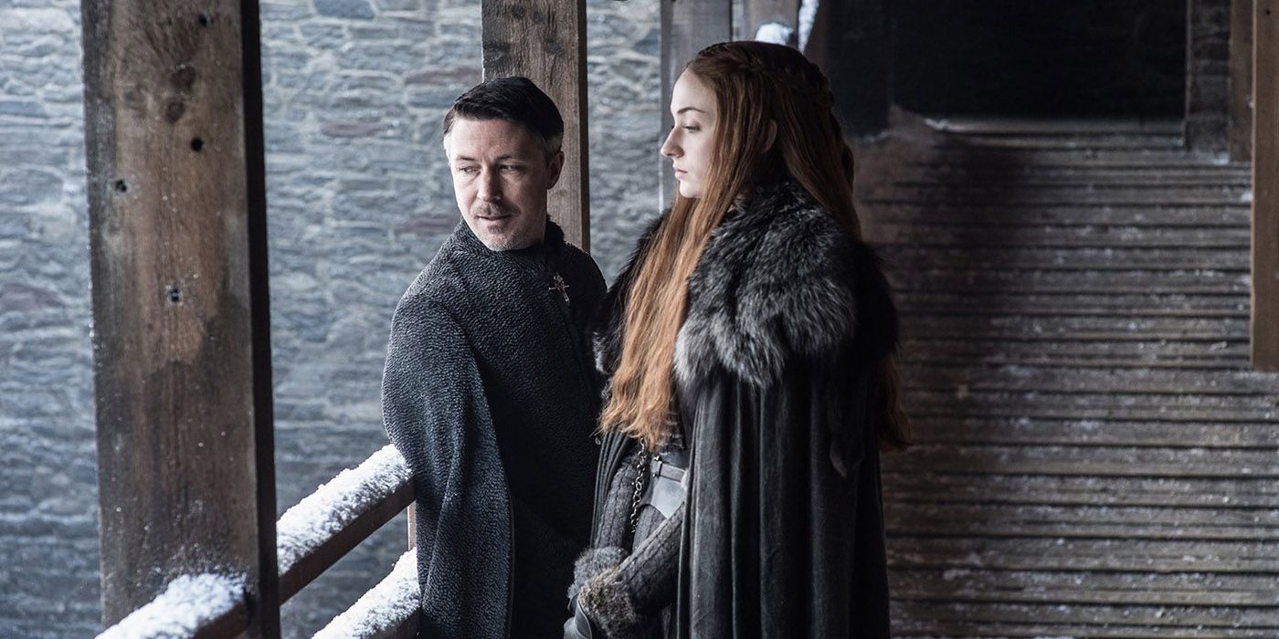 Littlefinger and Sansa Stark talking at Winterfell on Game of Thrones