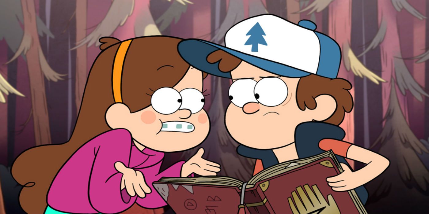 Mabel and Dipper reading a book in Gravity Falls