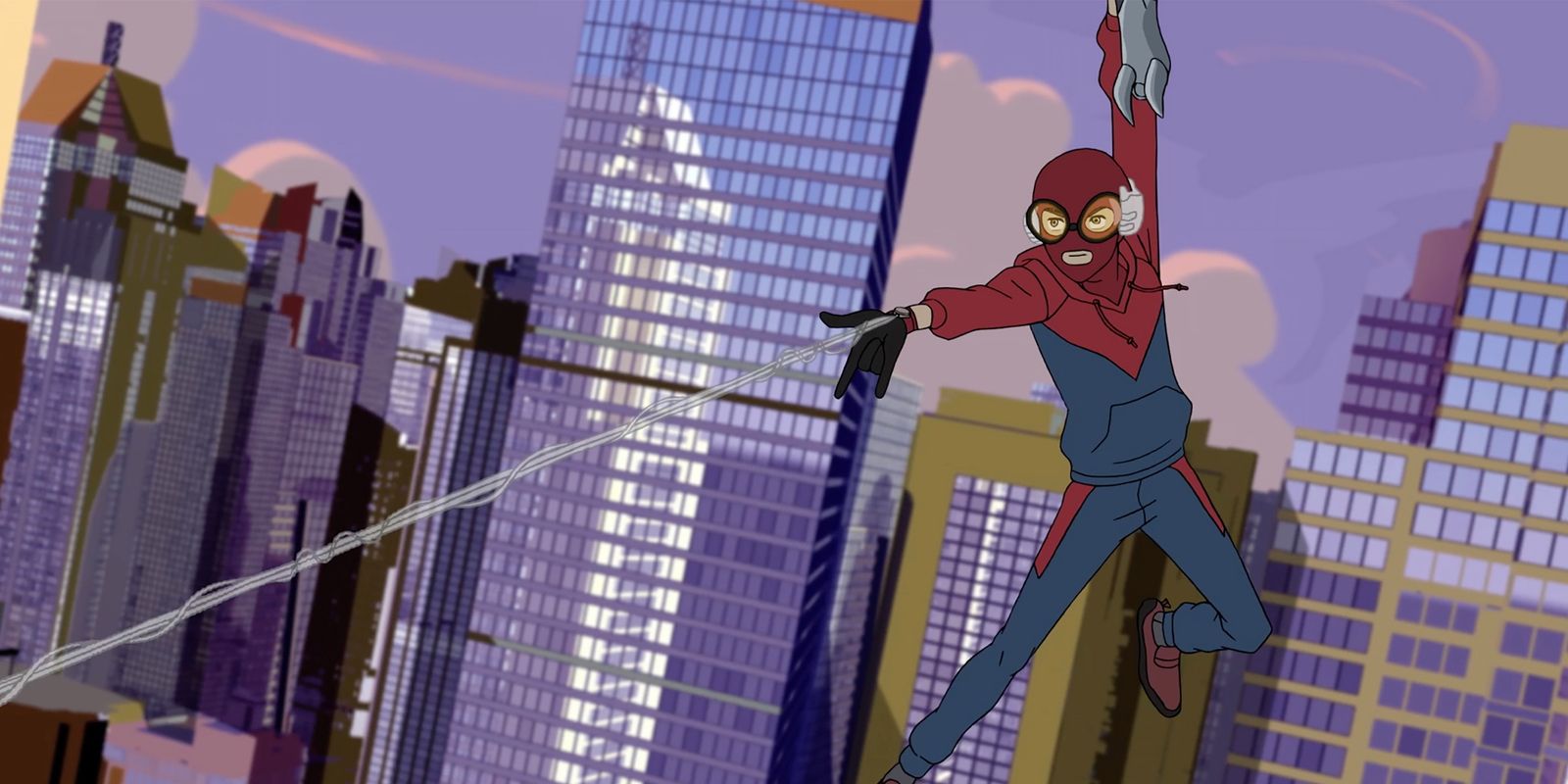 Peter Parker's Spider-Man swings through the air in blue and red sweatsuit and helmet in Marvel's Spider-Man premiere on Disney