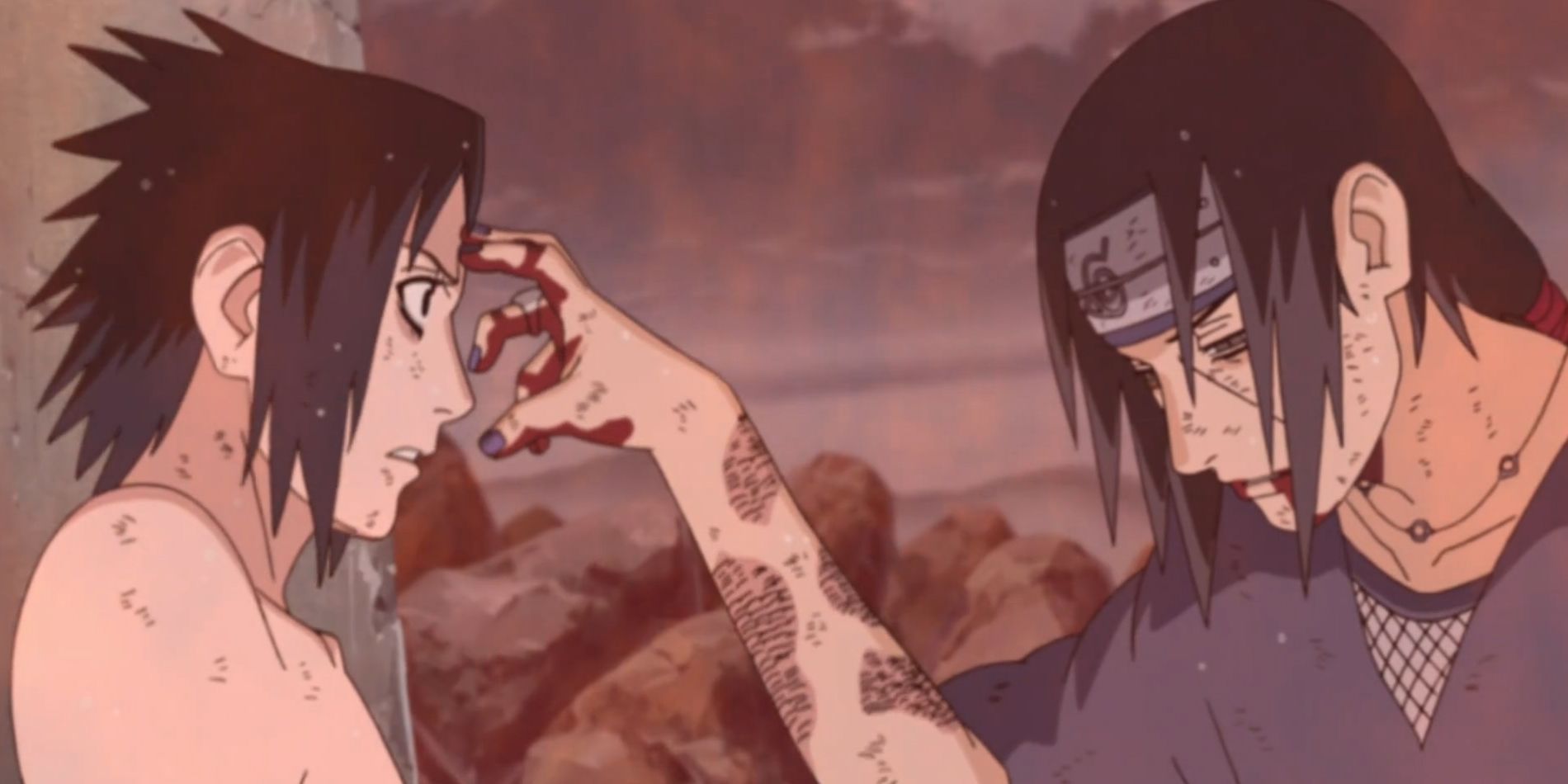 Itachi touches Sasuke's forehead in Naruto