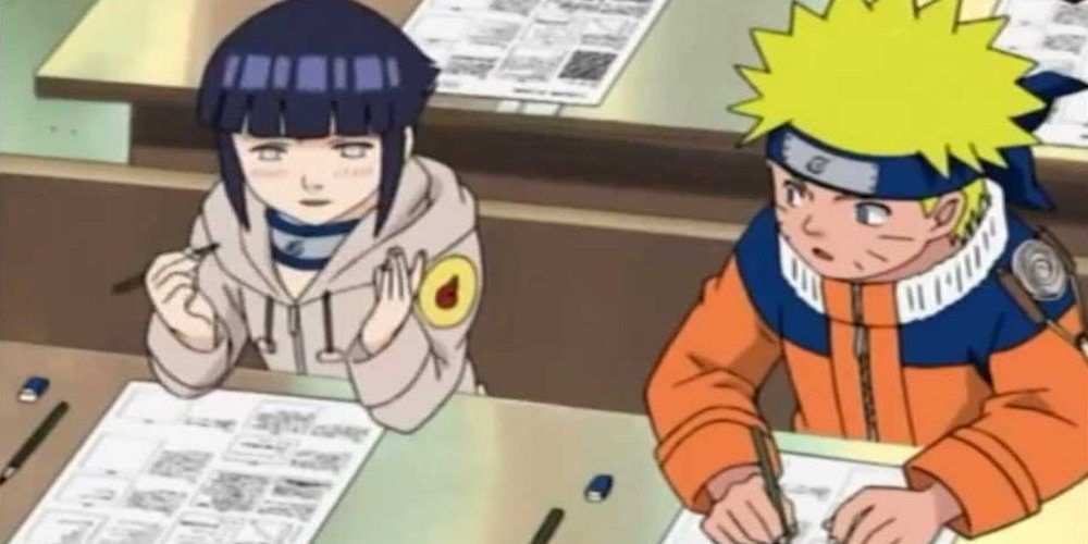Hinata sits next to Naruto during the written part of the Chunin exams