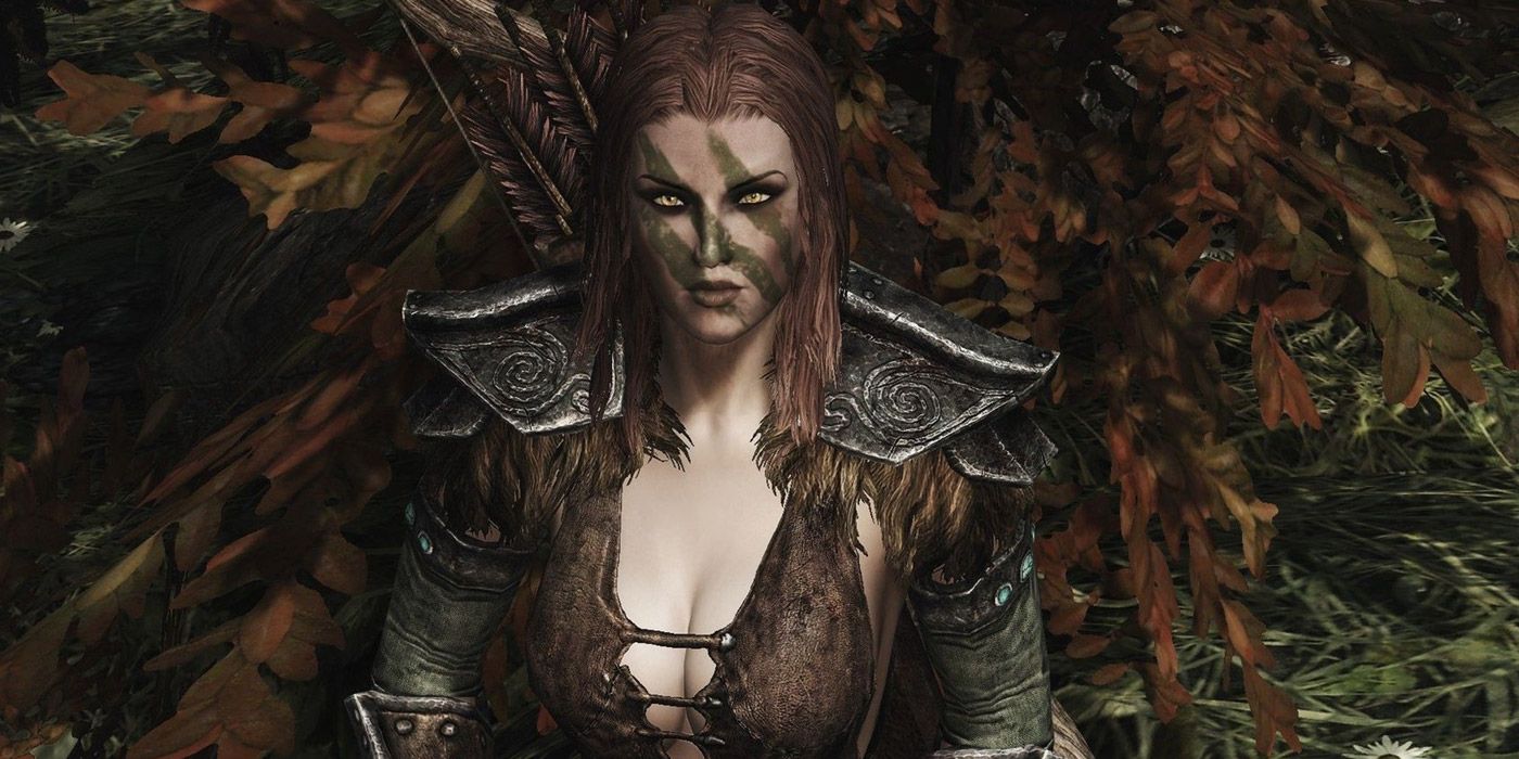 A close-up portrait of Aela the Huntress from Skyrim looking angry.