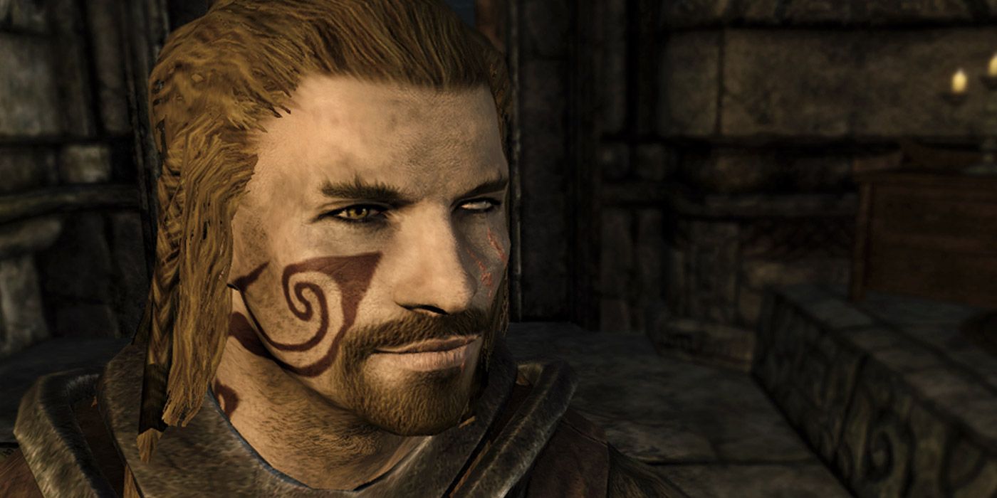 A close-up portrait of Argis the Bulwark with a face tattoo in Skyrim.