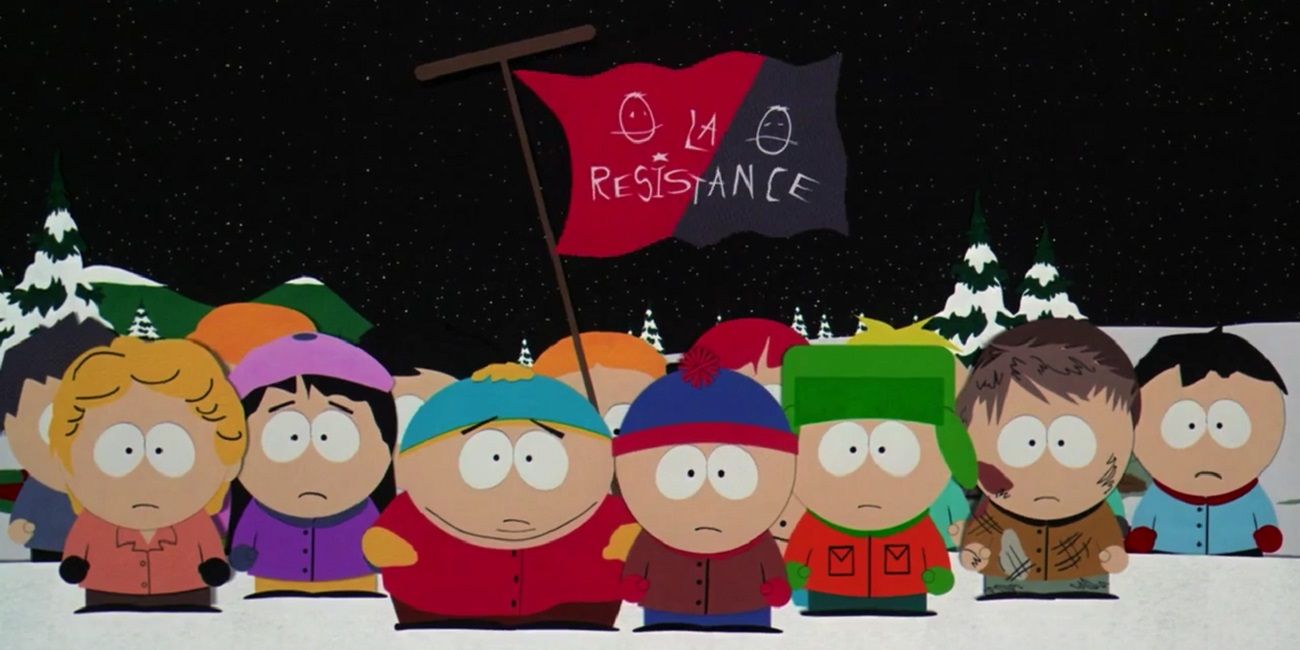 Cartman dan anak-anak lainnya mengibarkan bendera perlawanan di South Park: Lebih Besar, Lebih Panjang & Tidak Dipotong