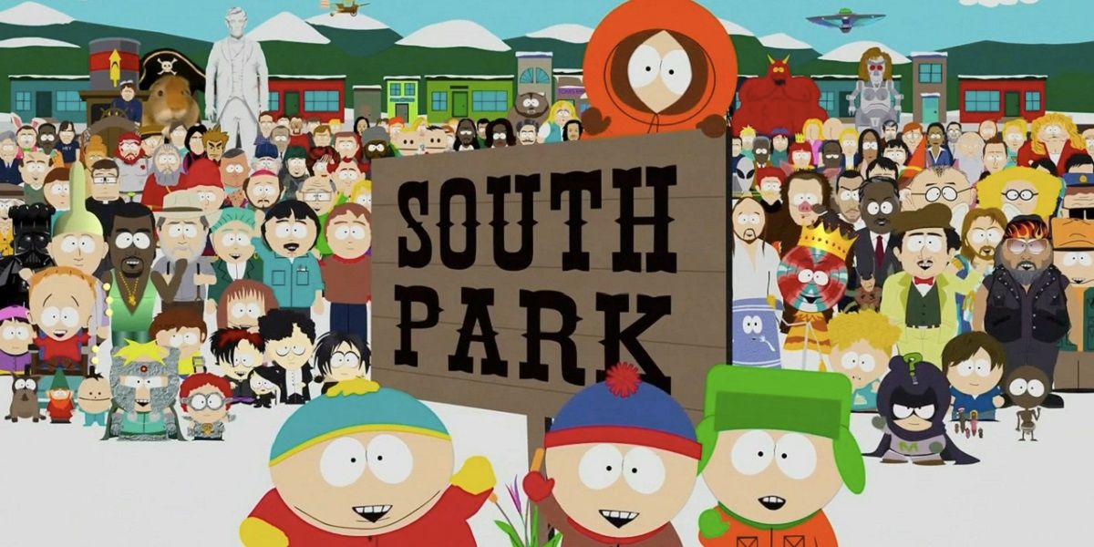 The opening credits of South Park with the entire cast of characters smiling.