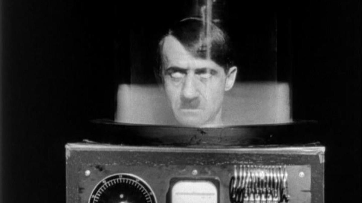 Adolf Hitler's disembodied head sits in a glass container in They Saved Hitlers Brain.