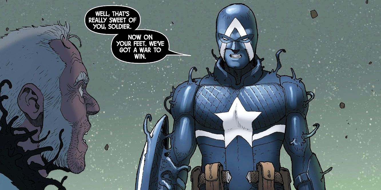 Captain America Venom standing with his shield in Venomverse