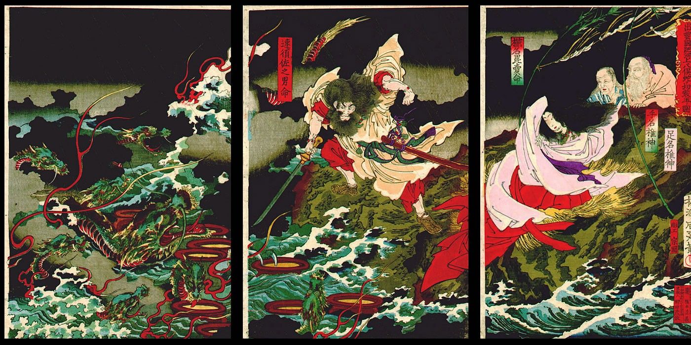 Three panels depict the Yamata No Orochi myth