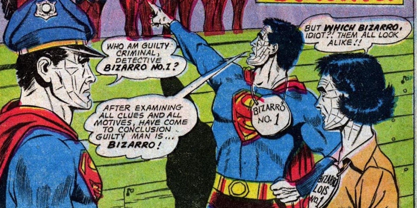 Bizarro looks up and points upwards while Bizarro Lois looks at him