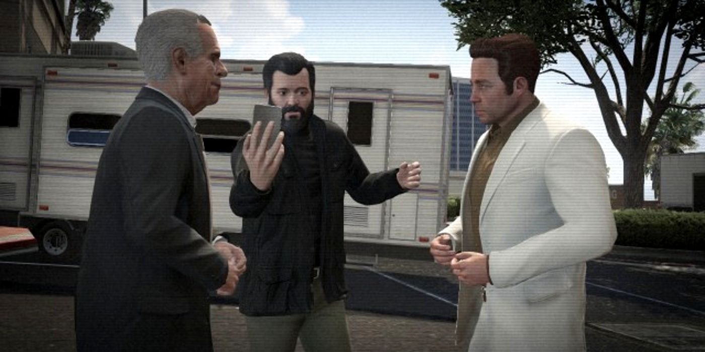 Michael De Santa takes a picture during a cutscene in GTA 5