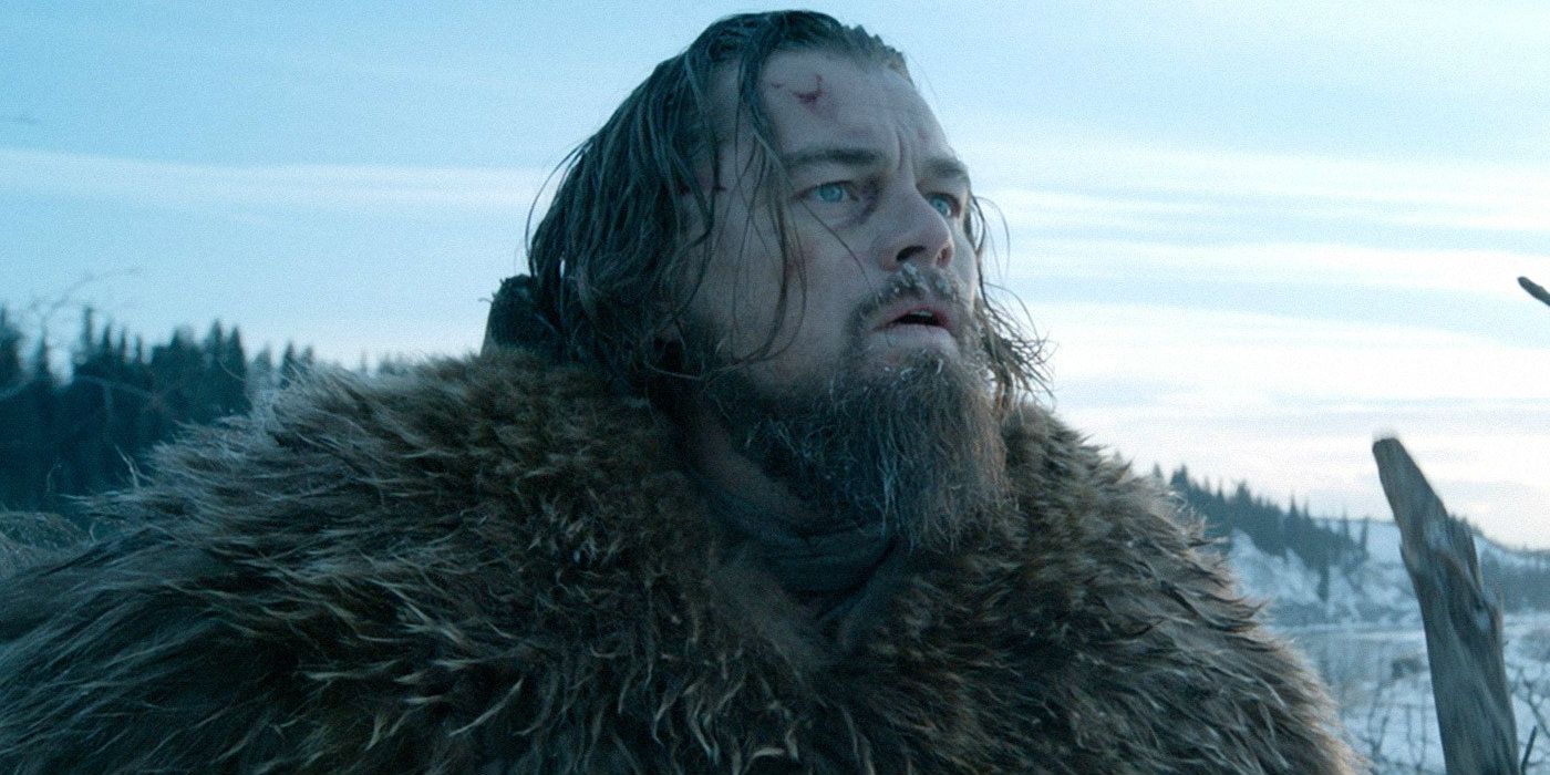 Hugh Glass looking up while in the wilderness in The Revenant