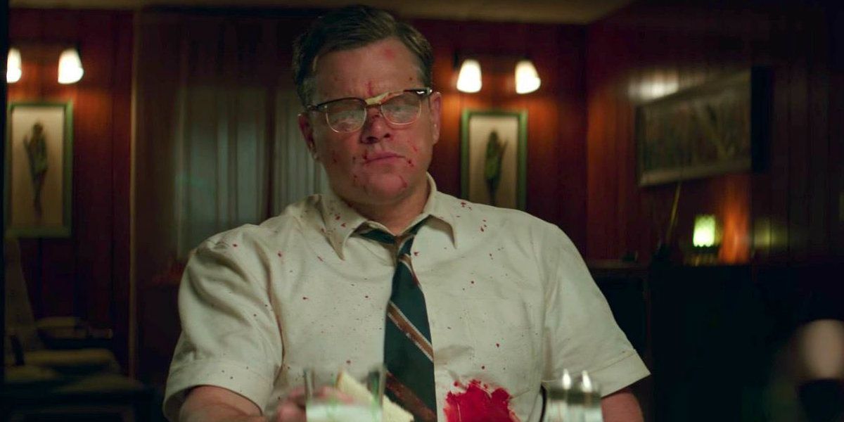 Matt Damon covered in blood in Suburbicon