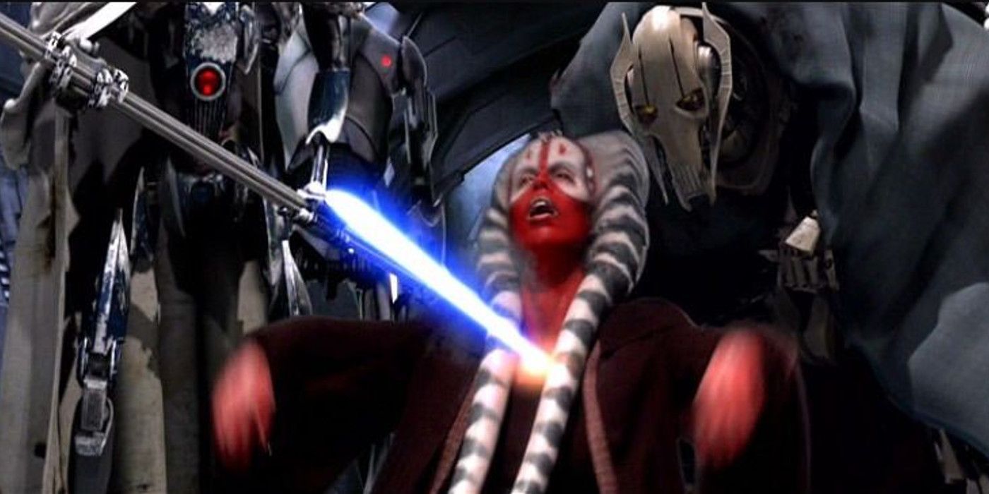 Genera Grievous kills Jedi Master Shaak Ti in frontof Anakin and Obi-Wan ina Revenge of th Sith Deleted scene