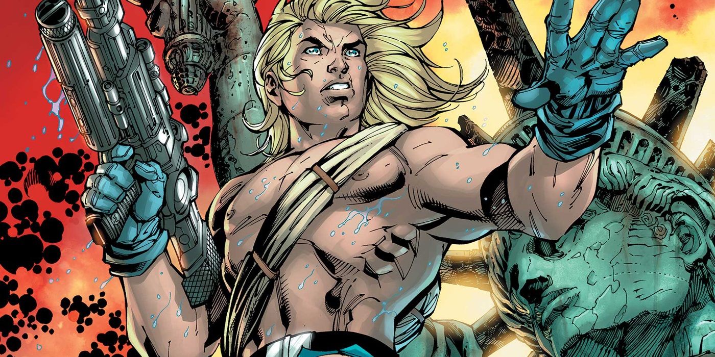 Comic book artL Kamandi poses with a gun.