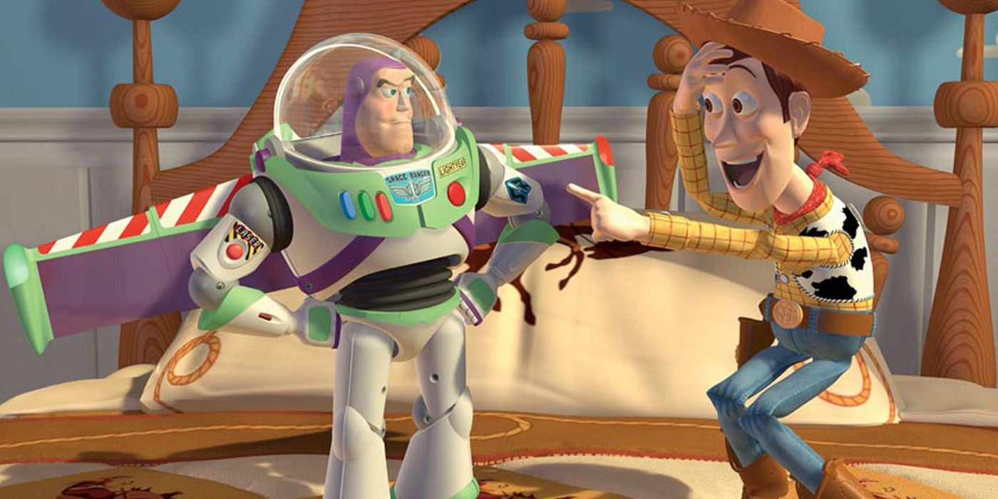 Woody laughs at Buzz Lightyear's wings in Toy Story