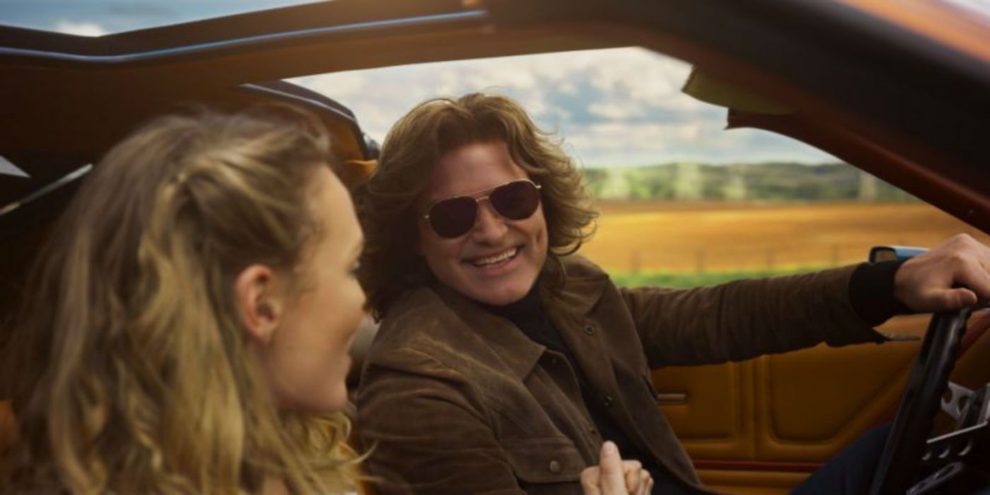 Young Kurt Russell as Ego driving in Guardians of the Galaxy vol 2