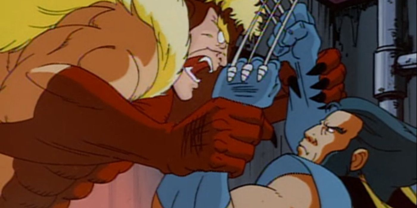 Dentes de Sabre lutando contra Wolverine e agarrando seu punho em X-Men The Animated Series