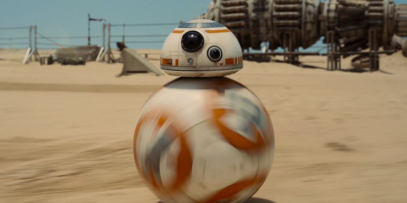 BB-8 racing across the Jakku desert in The Force Awakens
