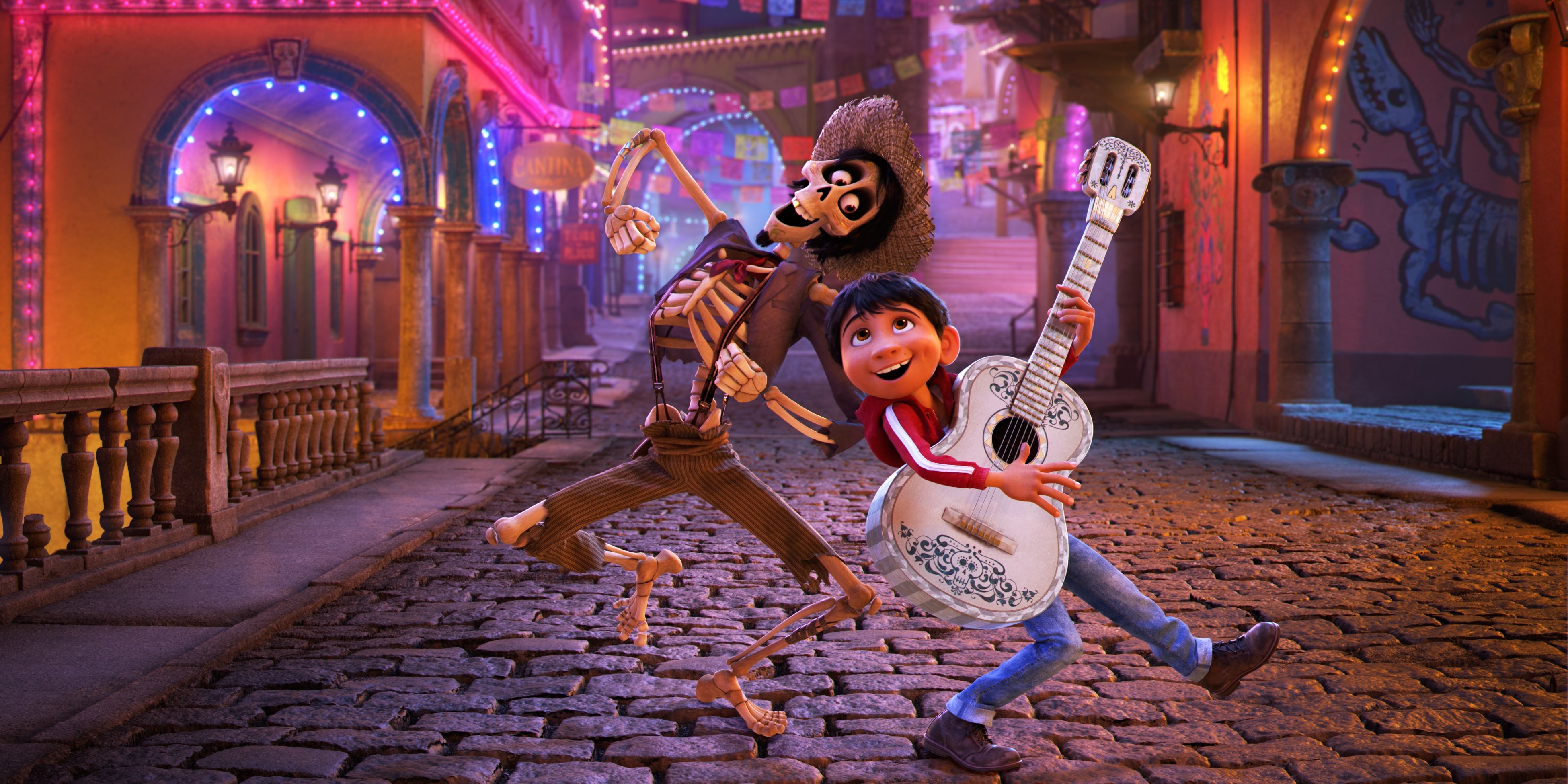 Miguel dancing with a skeleton in Coco