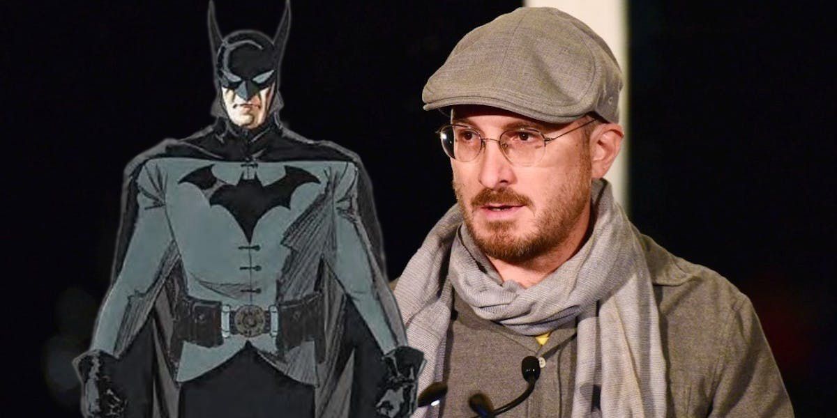 Darren Aronofsky speaking at a mic and a Batman costume sketch from Year One