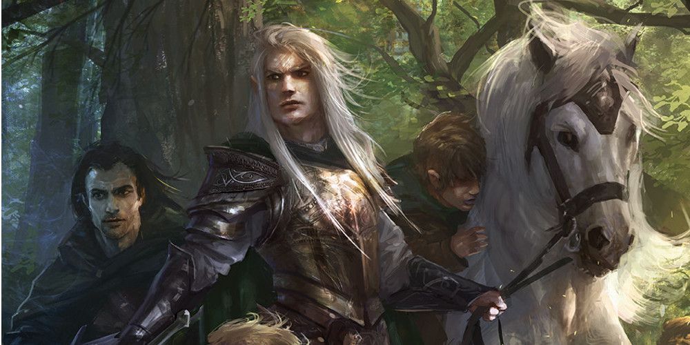 Glorfindel sits a white horse with a man and a hobbit also on its back in a painted illustration of The Lord of the Rings.