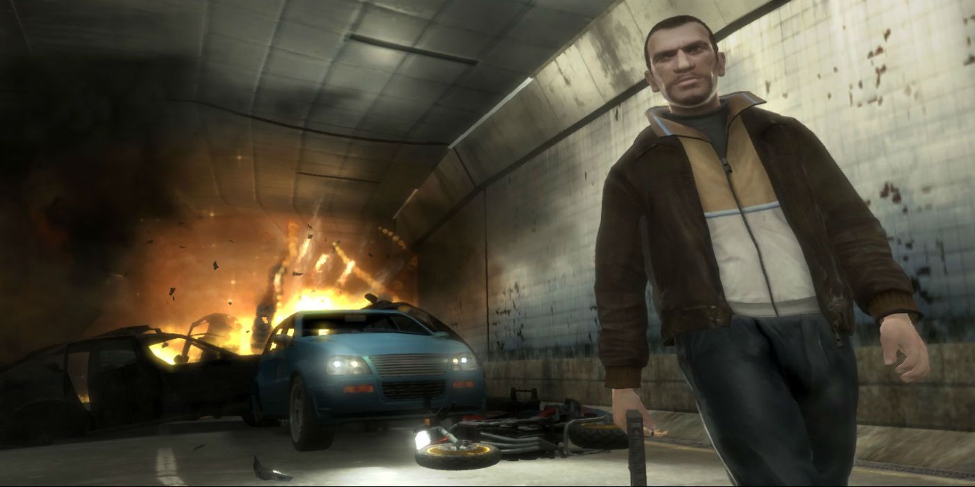 Niko walks away from an explosion in GTA IV