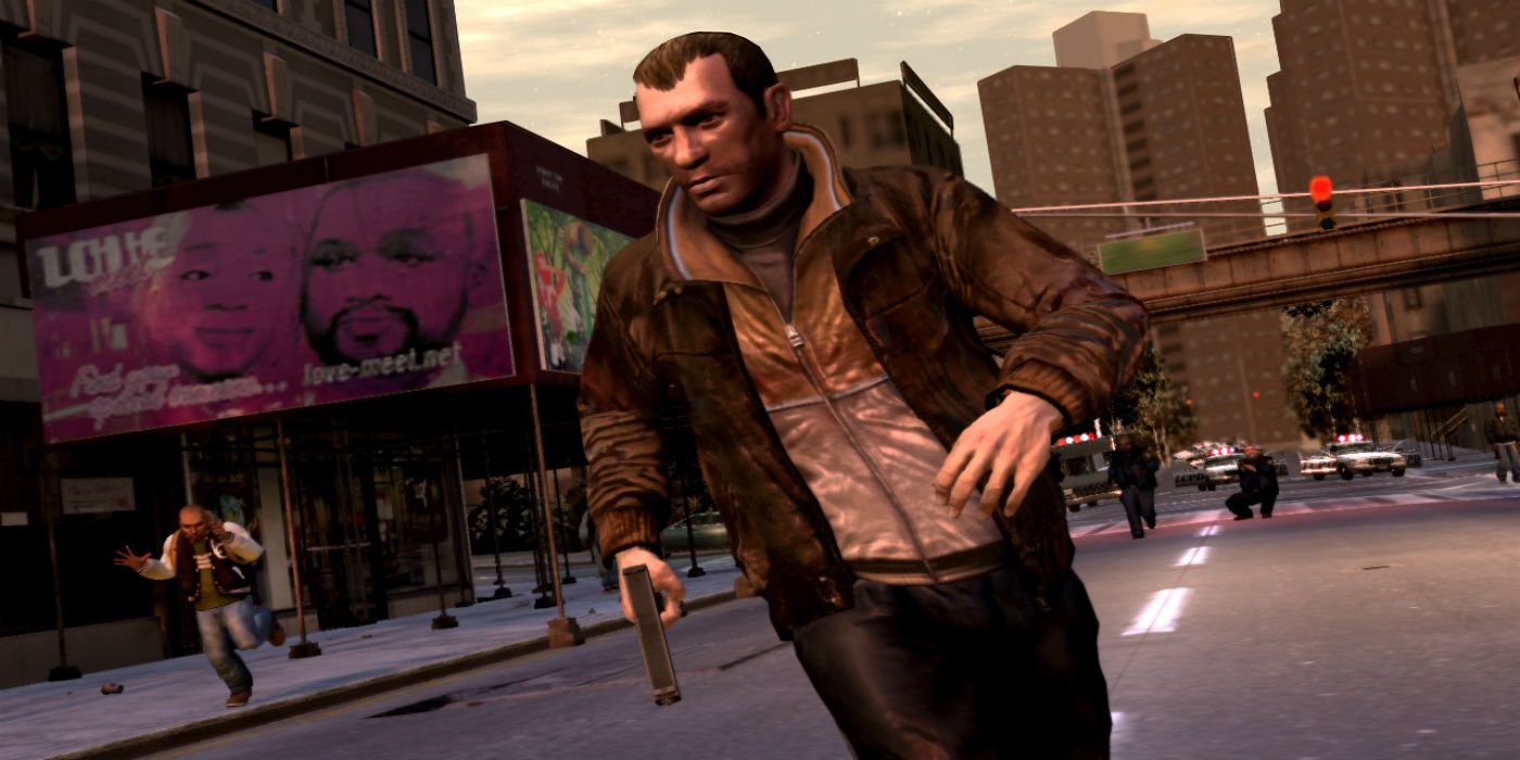 A man holding a gun and running in Grand Theft Auto IV