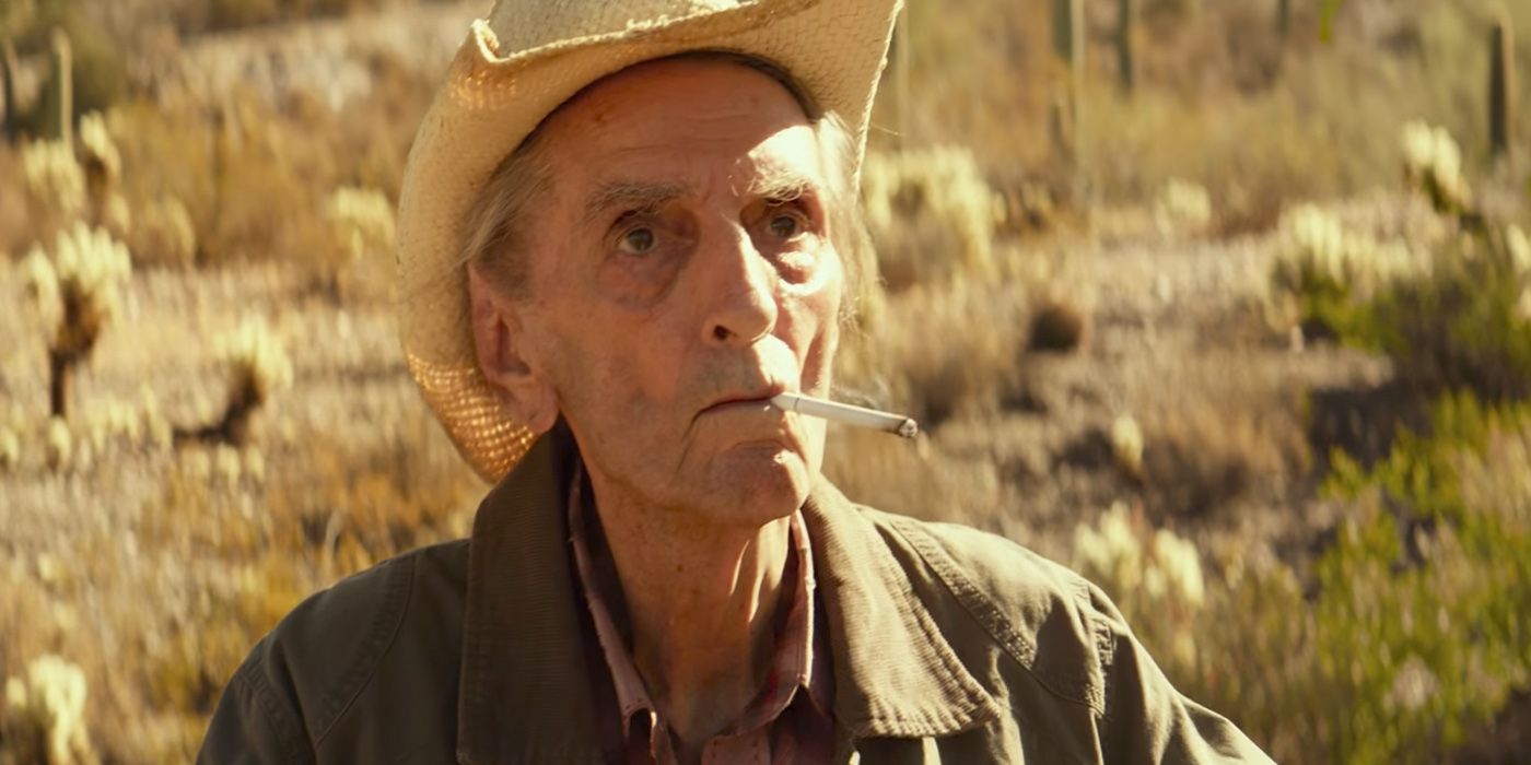 Harry Dean Stanton smoking in the desert in Lucky