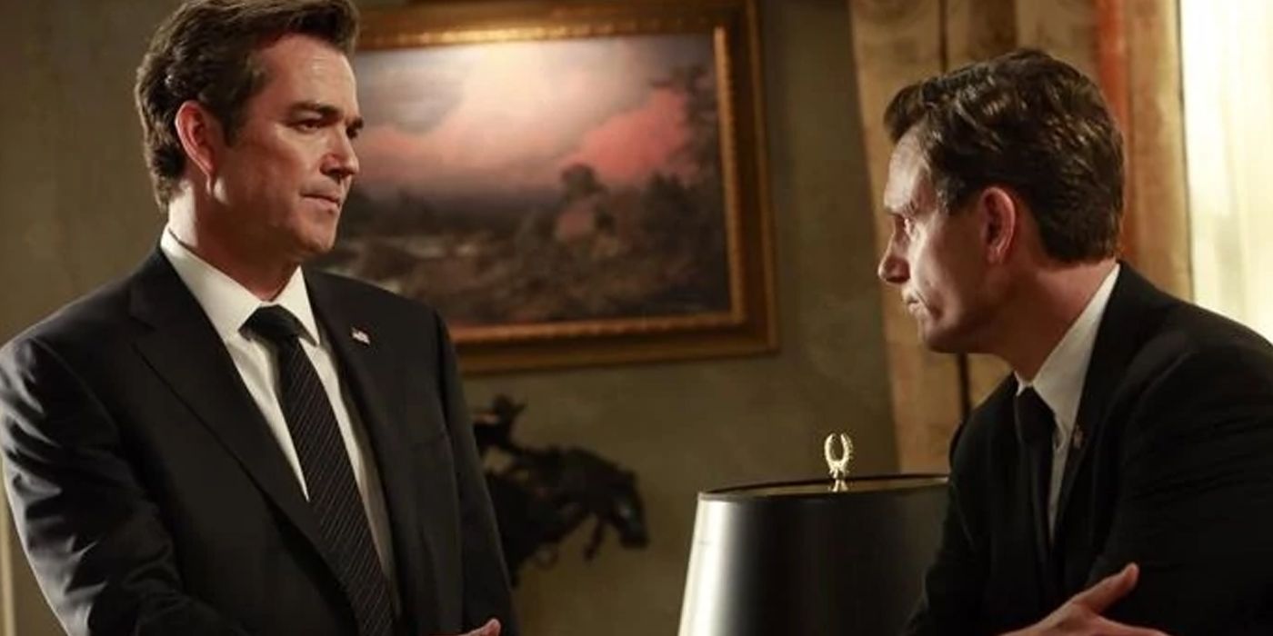 Jon Tenney and Tony Goldwyn as Andrew Nichols and Fitzgerald Grant in Scandal