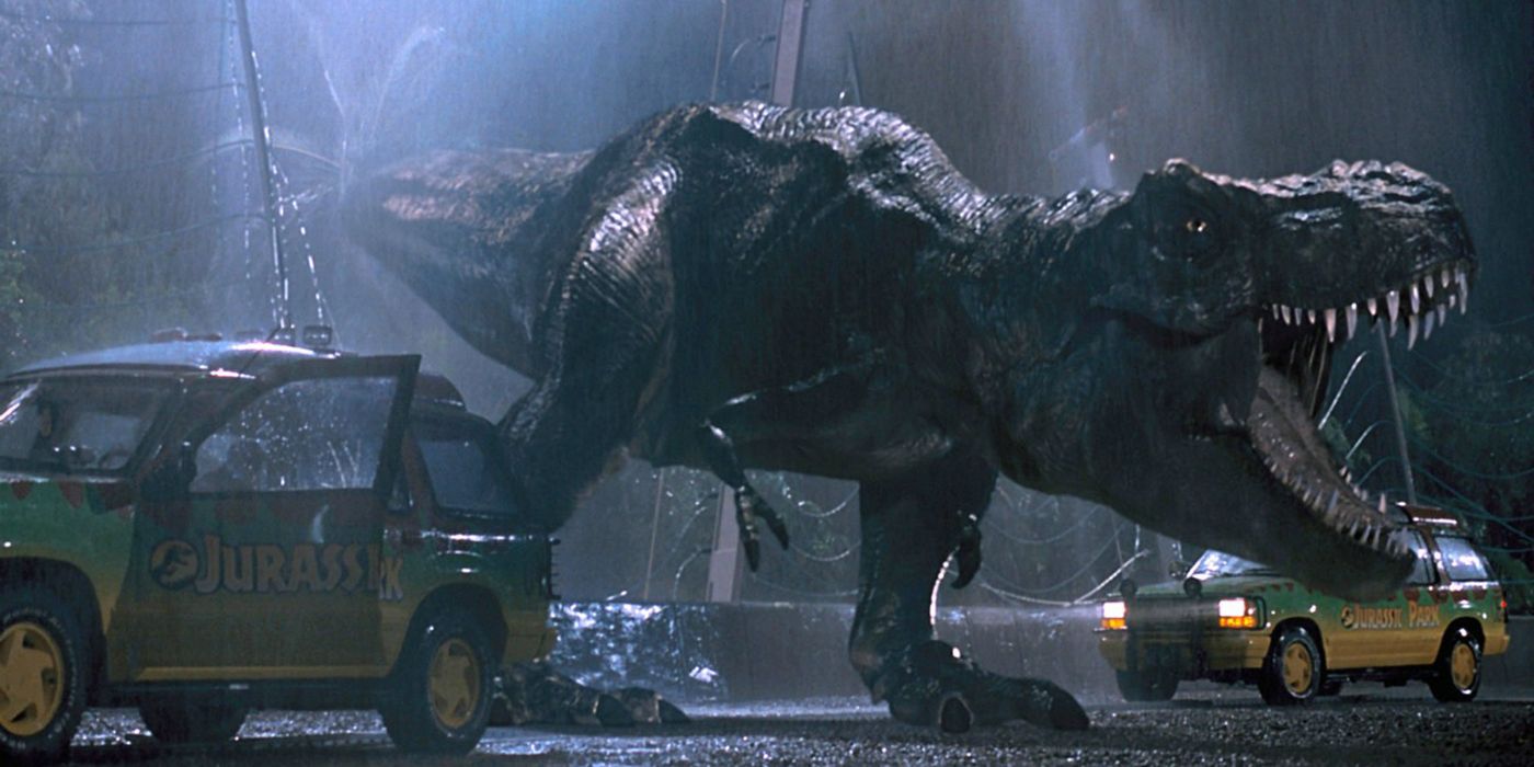 The T-Rex attacks the cars in Jurassic Park