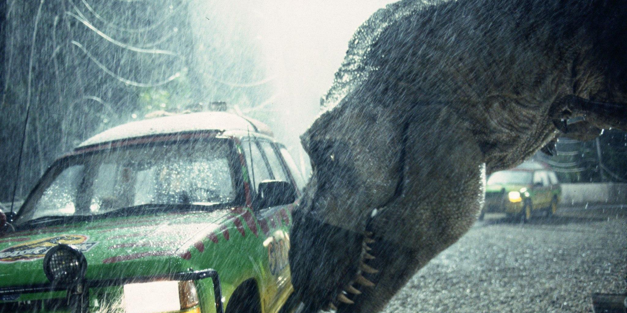 Jurassic Park T-Rex Pushing Jeep