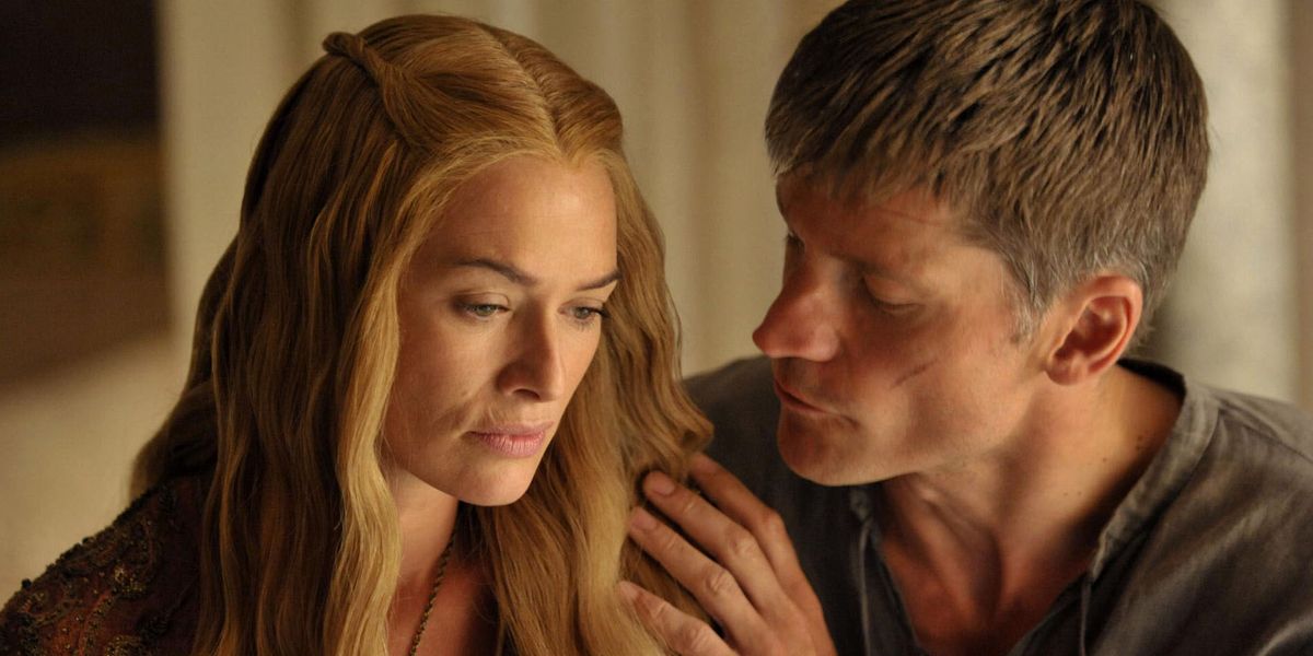 Cersei and Jaime Lannister talking in an intimate moment in Game of Thrones.