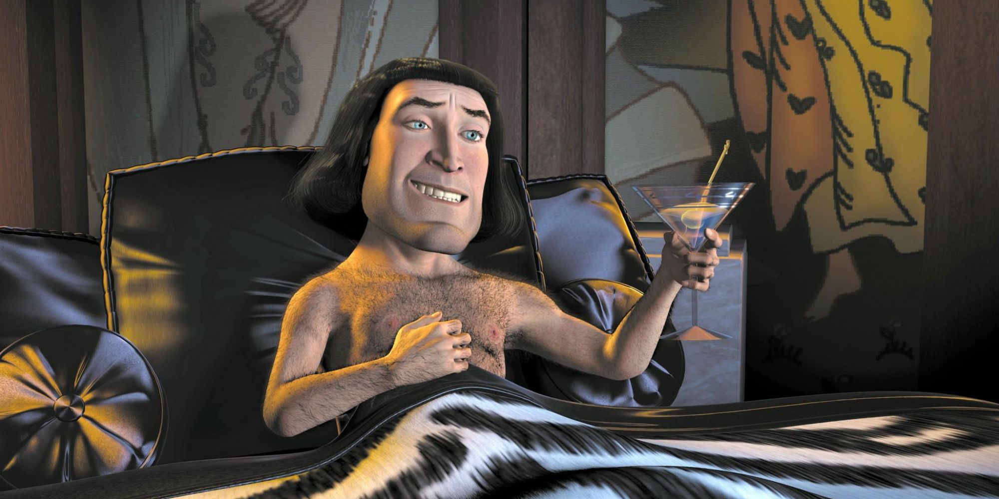 Lord Farquaad in his bed, holding a glass of martini