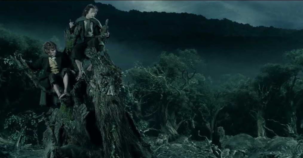 Merry e Pippin com Treebeard em uma floresta