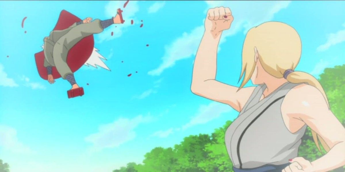 Tsunade punches Jiraiya so hard it sends him flying