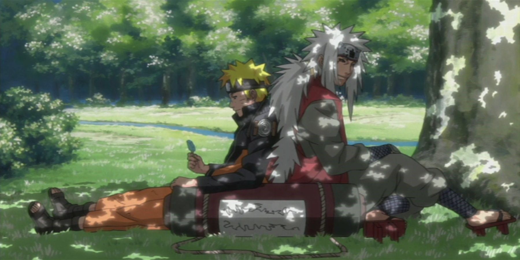 Screenshot from Naruto Shippuden anime shows Naruto and Jiraiya resting under the shad of a tree back to back. Naruto is holding onto a leaf as he begins to doze. It would be the last time the two would be able to relax together.