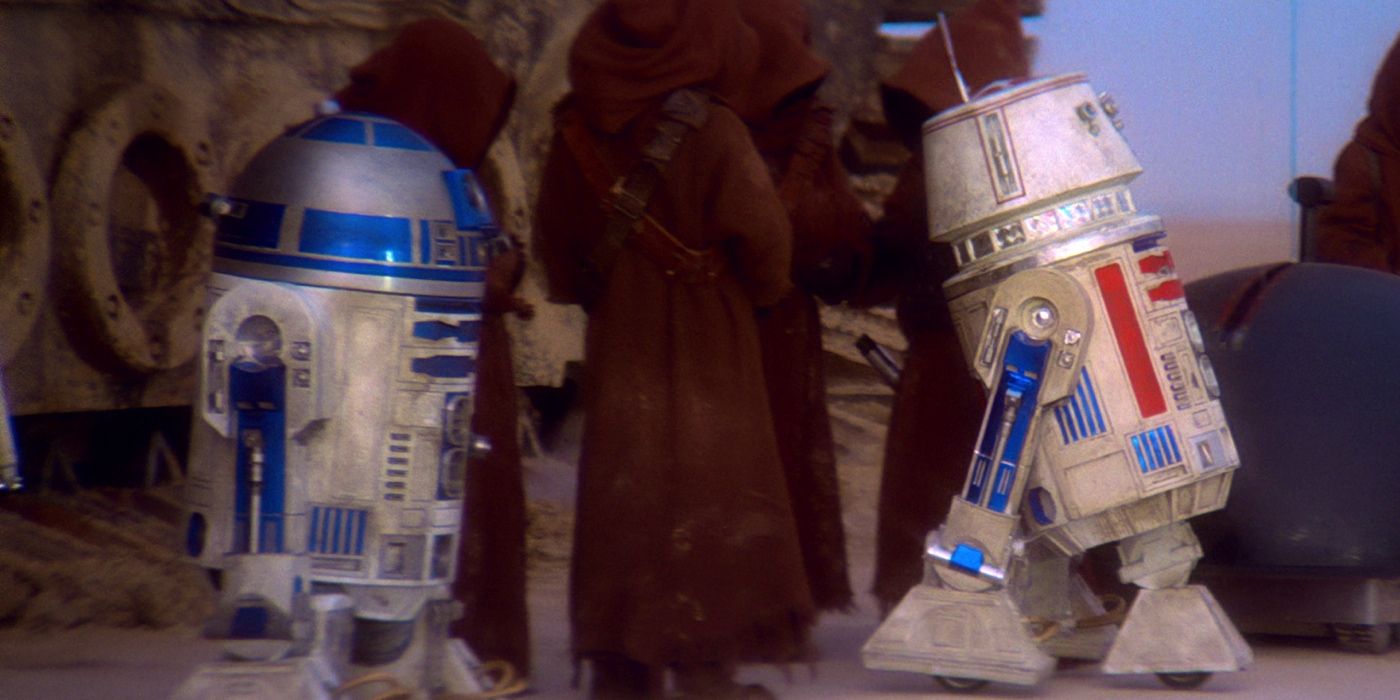 R2-D2 and R5-D4 in Star Wars.