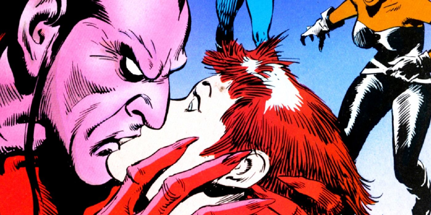 Mephisto kisses Rogue in Mephisto Vs. X-Men comic books.