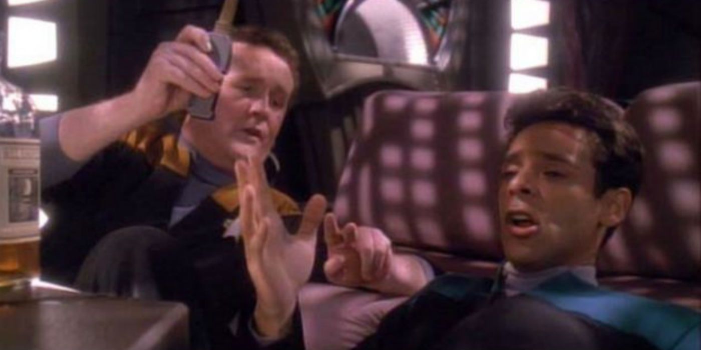 Obrien and Bashir sing a drinking song from Deep Space Nine 