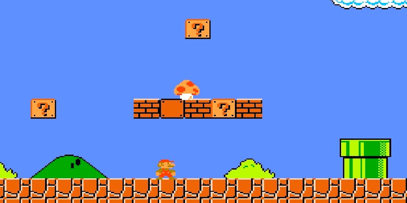 Mario beneath the Super Mushroom power-up in the original Super Mario Bros.