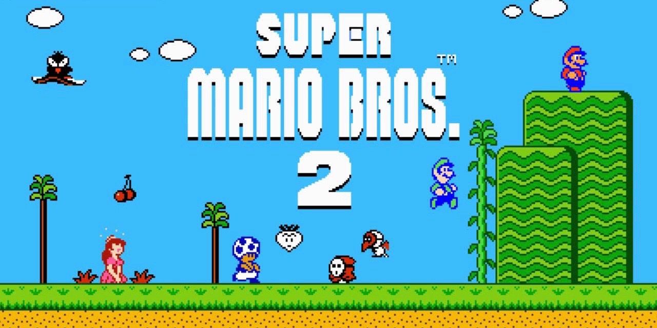 Gambar Super Mario Bros 2 menampilkan berbagai karakter dan musuh dalam lanskap 2D dengan judul di tengah.