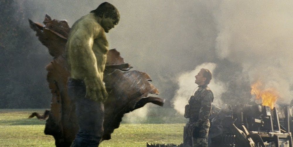 Tim Roth looking up at the Hulk in The Incredible Hulk