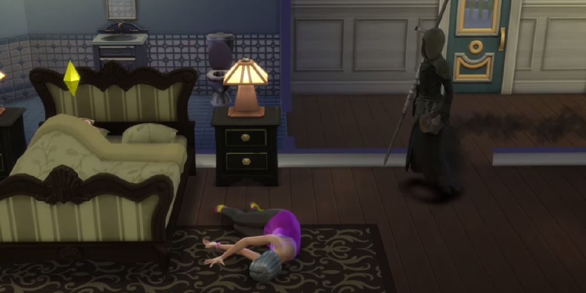 A Sim is lying dead next to a bed while the Grim Reaper approaches