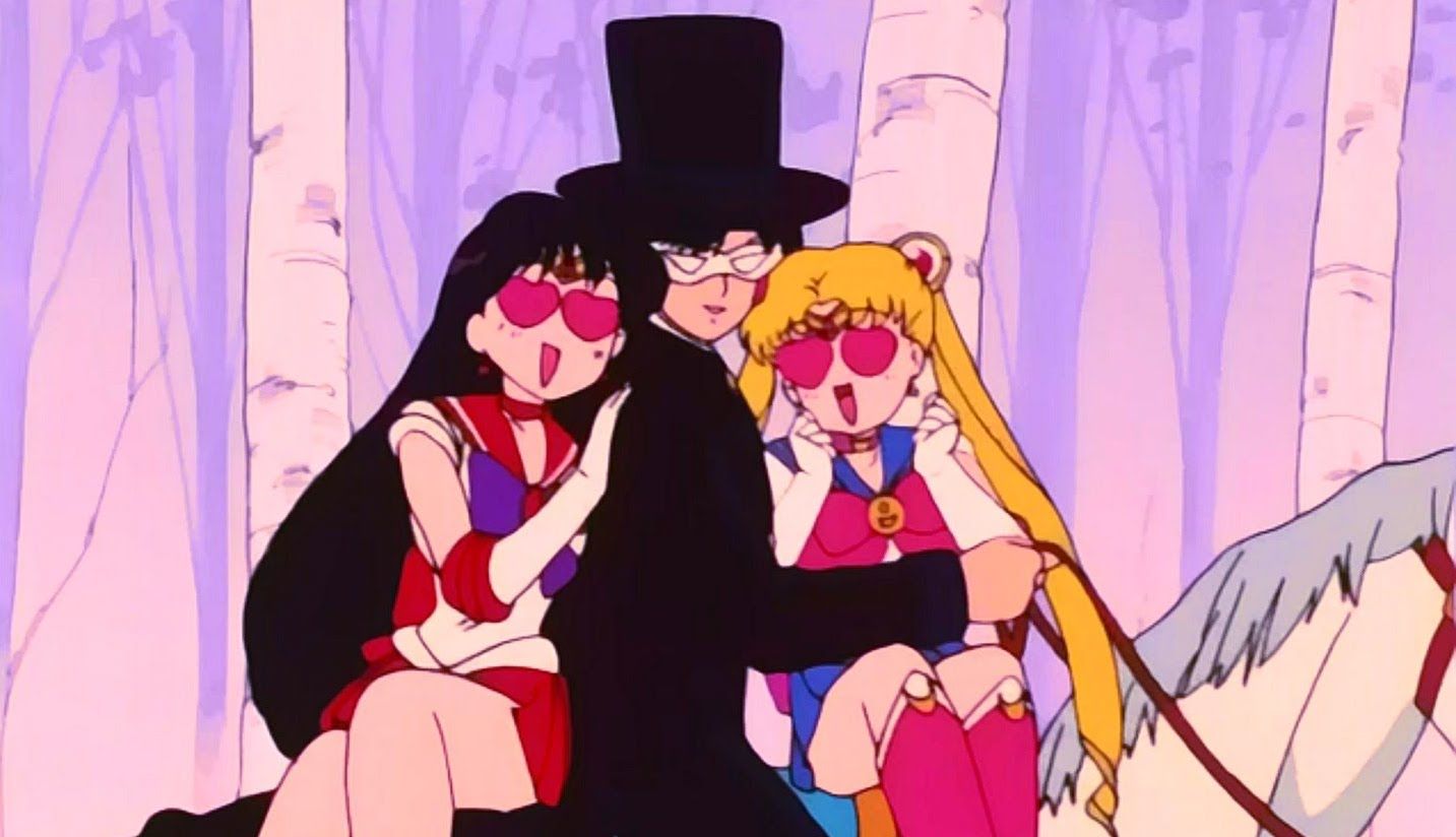 Tuxedo Mask on horse with Sailor Moon and Sailor Mars