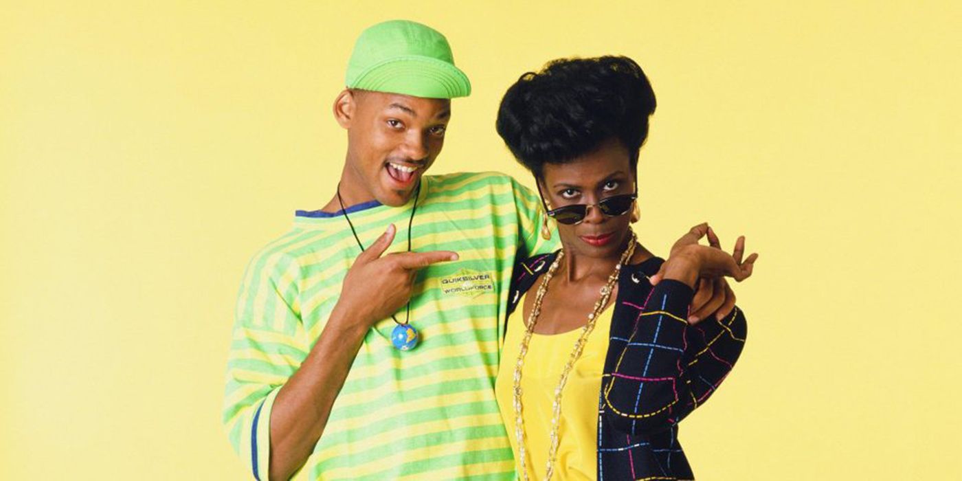 Will Smith and Janet Hubert against a yellow background for The Fresh Prince of Bel-Air