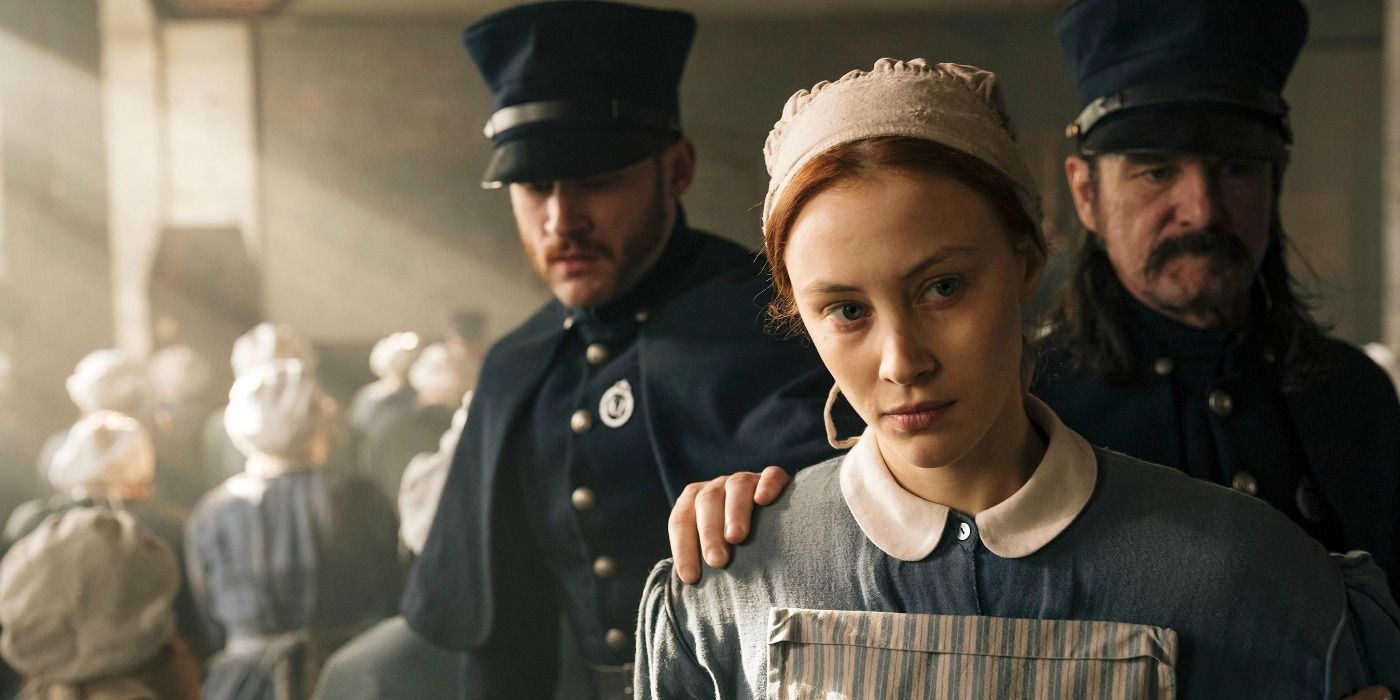 Two police officers walking behind a woman looking at the camera in Alias Grace.