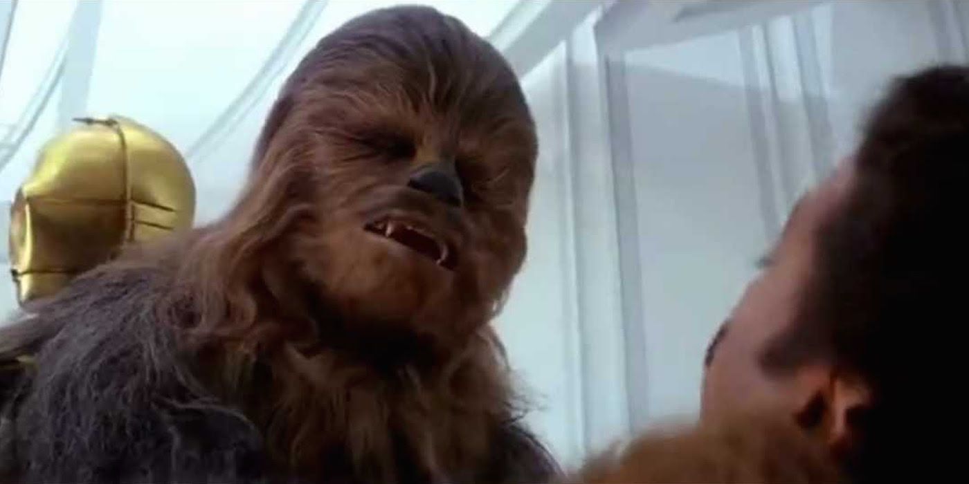 Chewie strangles Lando in The Empire Strikes Back