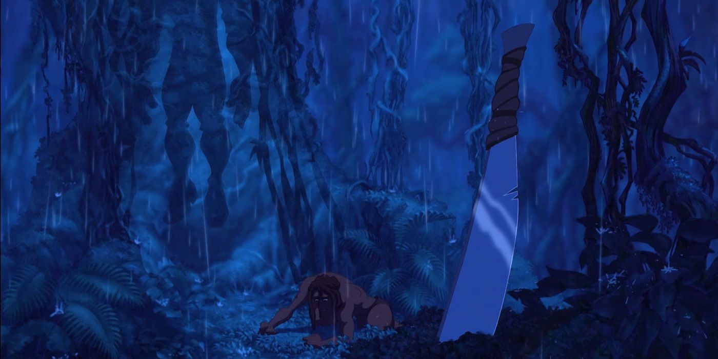 A shadow of Clayton hung by vines in Disney's Tarzan