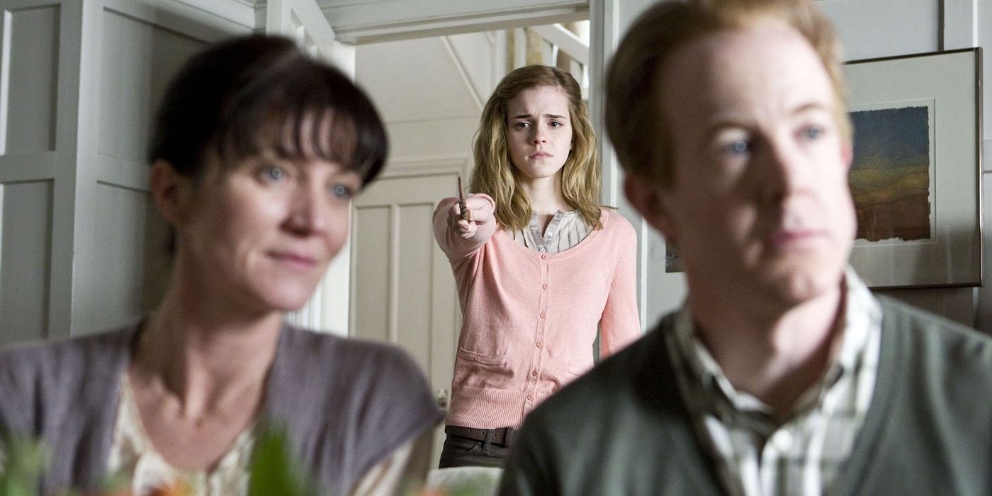 Hermione casting a spell on her parents in HP Deathly Hallows Part 1